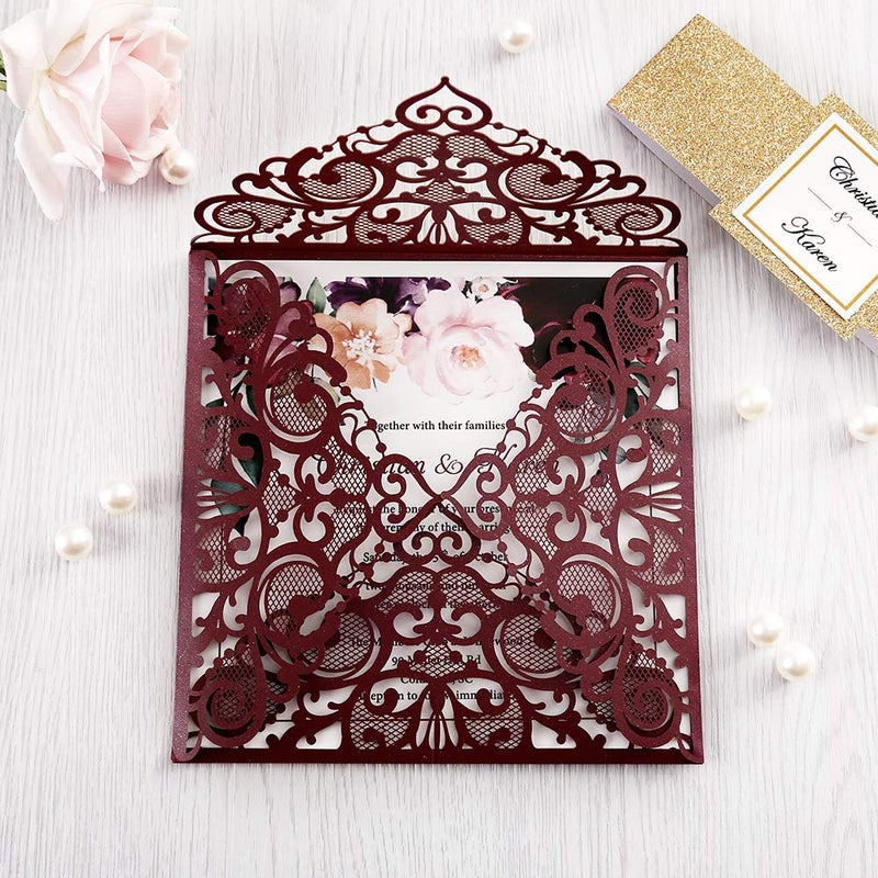 DreamBuilt 6.3 X 6.3 Inch 50PCS Blank Burgundy Laser Cut Wedding Invitations With Envelopes Kit And Gold Glitter Belly Band Wedding Invitation Cards For Wedding invite - Image 3